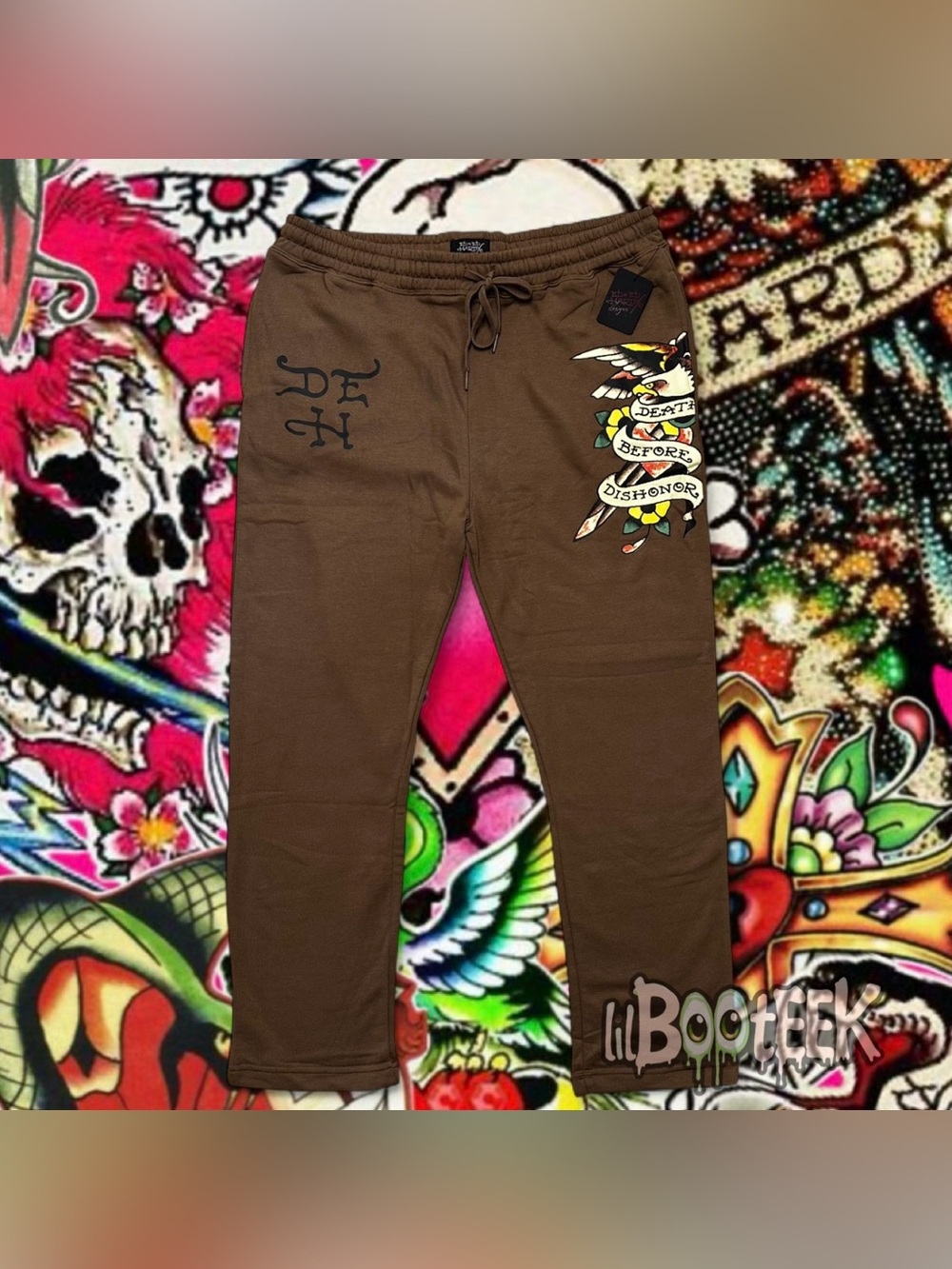 Ed Hardy Mens XL Cocoa Brown Sweatpants Death Before Dishonor Eagle NEW Y2K